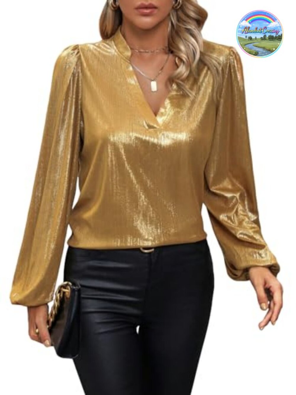 Womens Metallic Party Blouse Lantern Sleeve Notch Neck Pullover Top